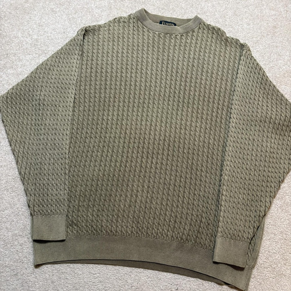 Vtg Fusion Sweater Mens Large Gold Cotton Chunky Cable Knit Crewneck Preppy 90s